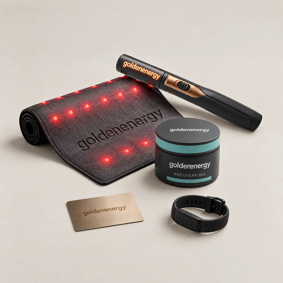 The Golden Energy Recovery System: mat, wand, gel, member card and health-tracking band