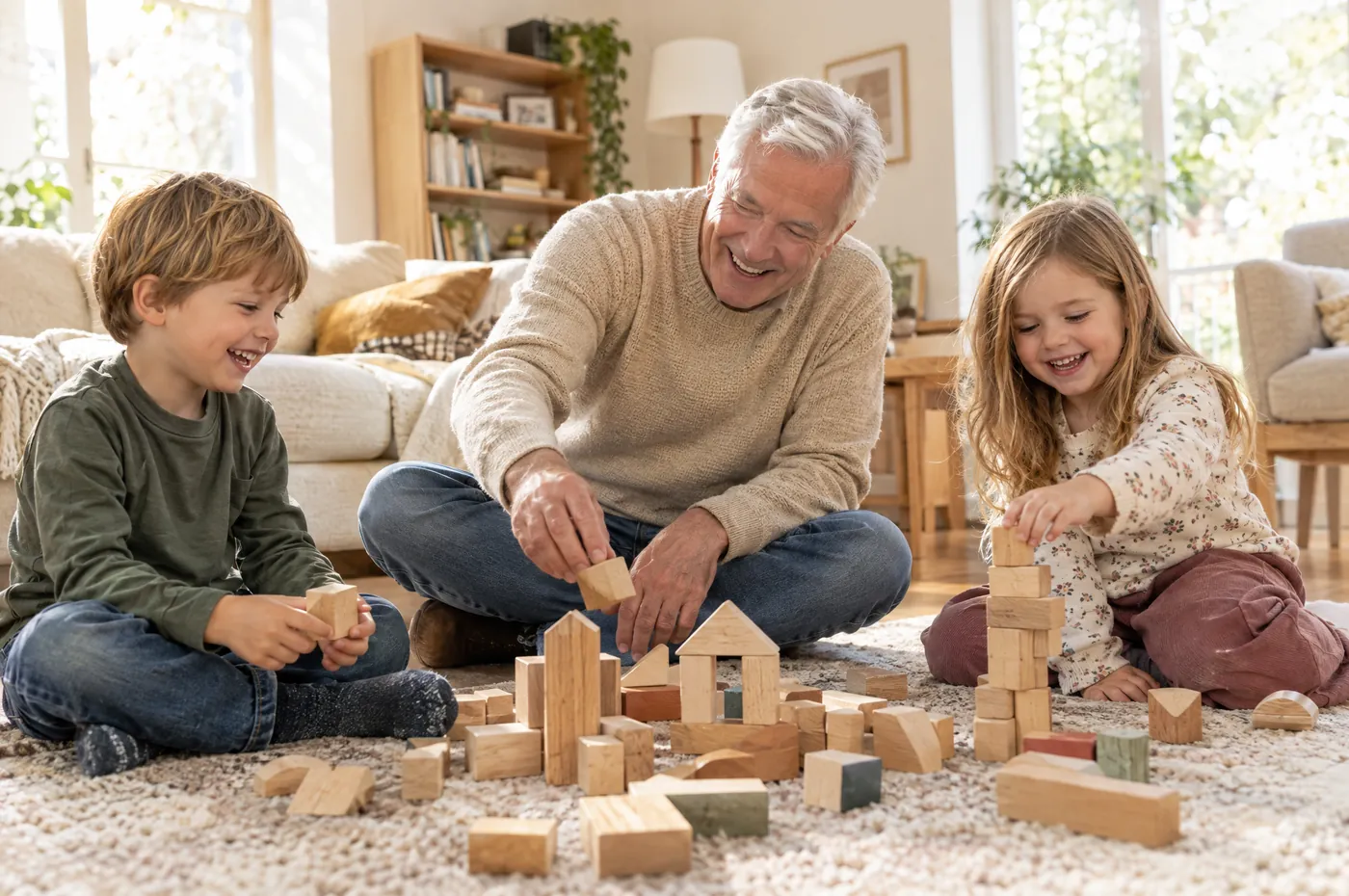 A grandfather playing with building blocks on the floor with two grandchildren